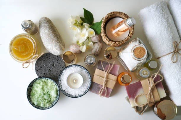 istock Spa and beauty products on the white table top view. 1243544382