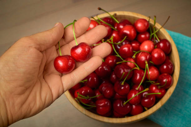 istock Hand spring red cherries on wooden background selective focus cherry 1243548757