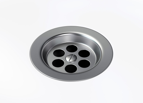 Stainless steel bathroom sink isolated on white background. Metal bath drain hole plug. 3D illustration