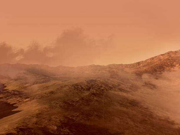 istock Mars red rocky terrain and fog 1243555172