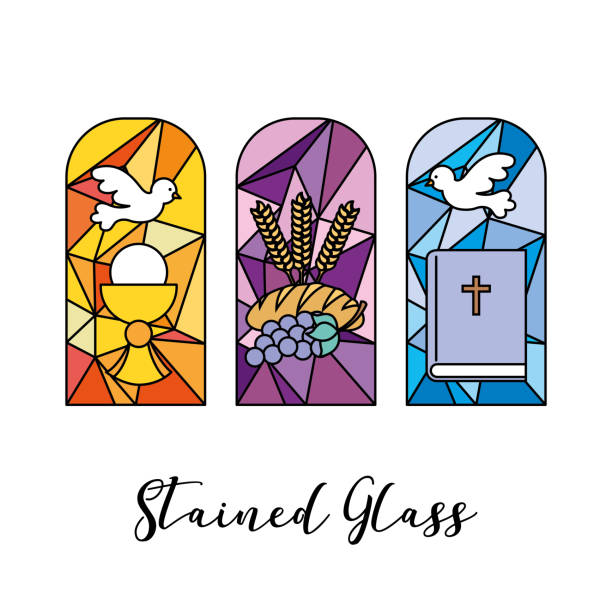 ilustraciones, imágenes clip art, dibujos animados e iconos de stock de vidrieras. vector - stained glass church window glass