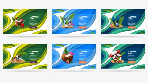 Vector illustration of Large set modern green and blue discount banners with summer illustrations in paper cut style. Large collection of modern summer discount banners with modern paper cut style design for your website
