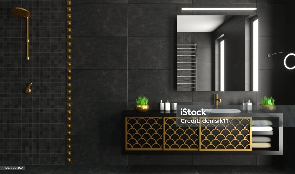 Modern bathroom interior black and gold chest of drawers 3d illustration. Modern glass shower room black and gold. Ceramic tile finishing. Home and interior. Glass doors. Decor and equipment Bathroom Stock Photo