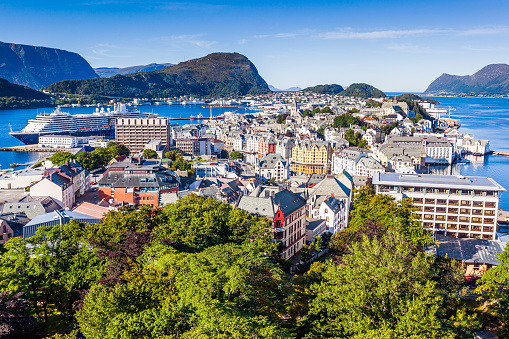 Alesund, Norway. View of the Art Nouveau town from above.