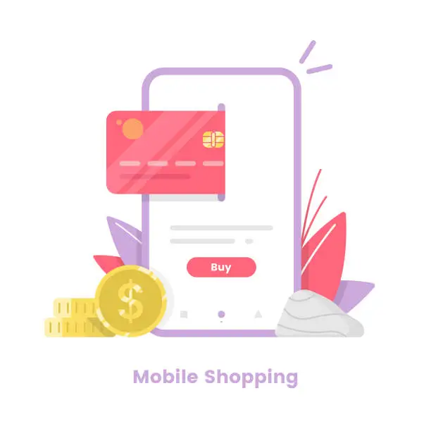 Vector illustration of Online Shopping Vector Illustration. Credit Card, Coins and Shopping Vector Design.