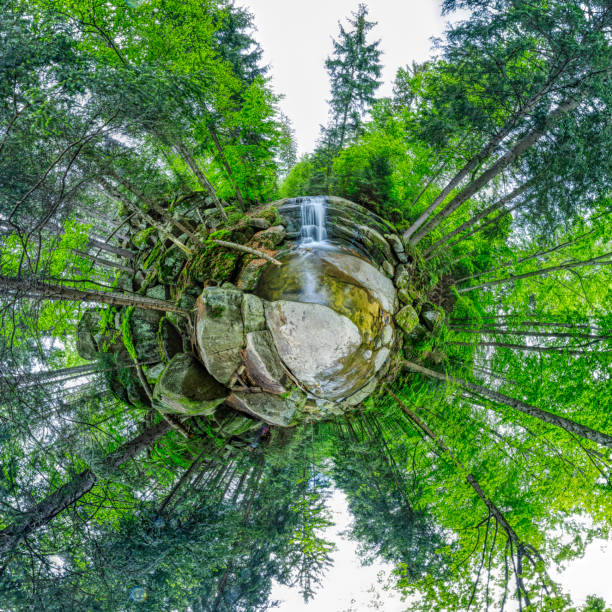 mountain stream with a small waterfall (little planet panorama, HDRi) 360 degrees spherical "little planet" of a beautiful mountain stream in the Karkonosze (Krkonoše, Giant Mountains) mountains karkonosze mountain range photos stock pictures, royalty-free photos & images