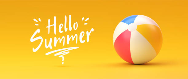 strandball auf gelbem hintergrund mit text "hello summer". sommer- und urlaubskonzept - strandball stock-grafiken, -clipart, -cartoons und -symbole