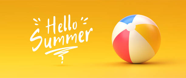 ilustrações, clipart, desenhos animados e ícones de bola de praia no fundo amarelo com texto "hello summer". conceito de verão e férias - beach ball ball sphere red