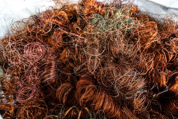 istock Copper wire scrap from electric cable recycling with selective focus 1243622442