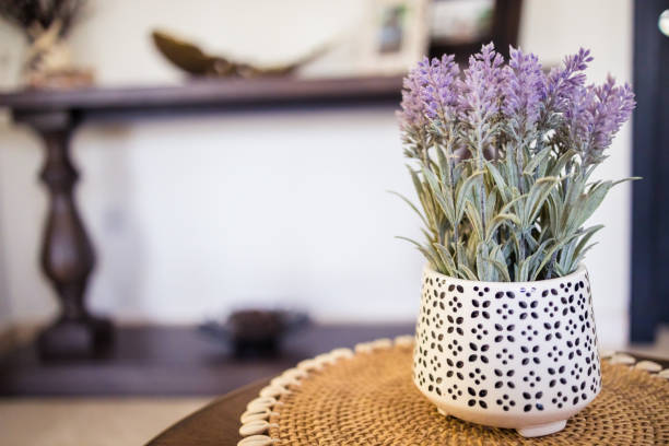 Artificial lavender vase on the side table in the living room