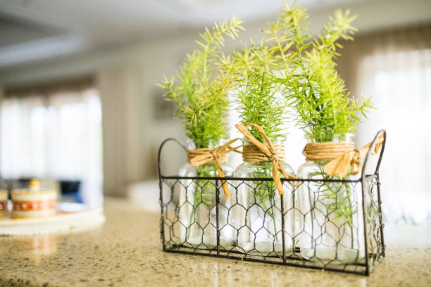 Decoration, Artificial, Plant - Plastic twigs in small glass bottles