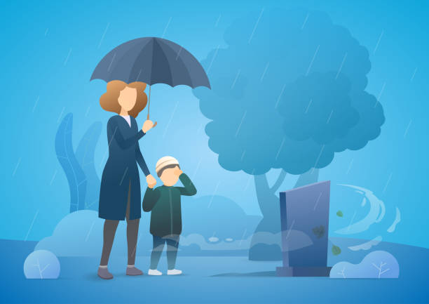 illustrazioni stock, clip art, cartoni animati e icone di tendenza di donna triste con figlio in lutto in un cimitero. donna in piedi sulla lapide del suo amato marito. giornata piovosa. morte dei membri della famiglia a causa del coronavirus. - bare tree