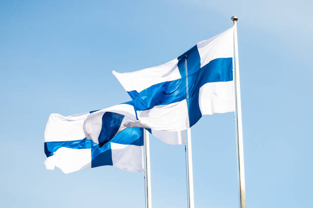 istock Three finnish national flags on the wind against the blue sky 1243668490