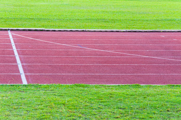 istock Running track and green grass,Direct athletics Running track 1243676886