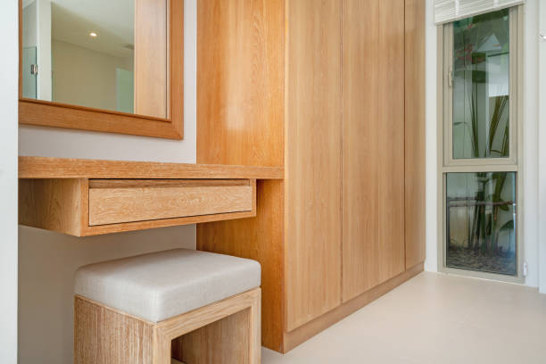 istock Interior design of dressing room in luxury villa feature stool, dressing table, mirror, window and wooden wardrobe 1243679105