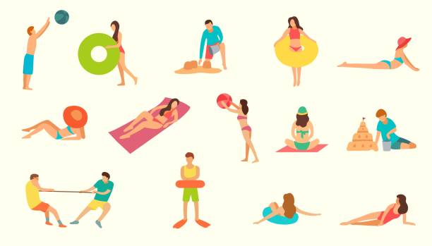 ilustrações, clipart, desenhos animados e ícones de atividades de praia de verão em cenário branco - fun tourist resort beach group of people