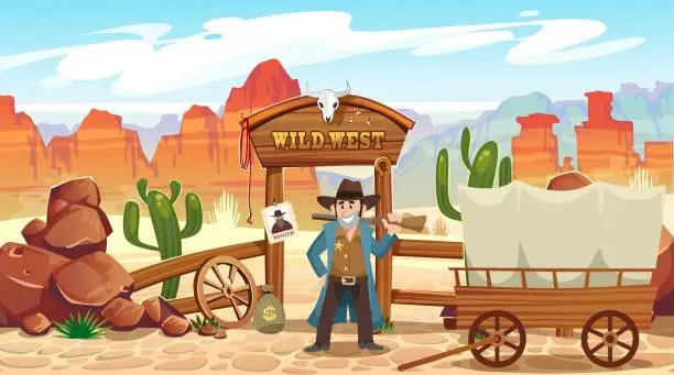 Vector illustration of Wild west cartoon illustration with cowboy, skull, wanted poster and mountains. Vector western illustration