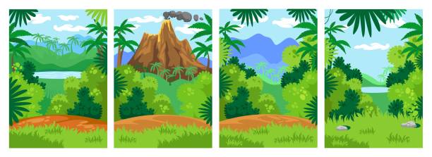 열대 잎 세트와 정글 배경 - tropical rainforest illustrations stock illustrations
