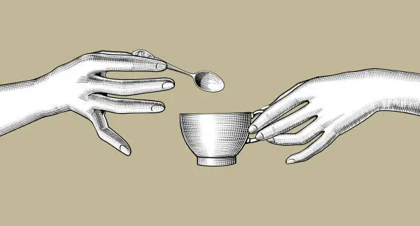 Vector illustration of Female hands with a cup of coffee and a small spoon