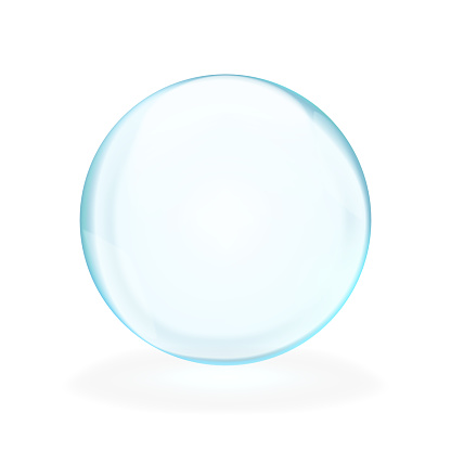 Blue translucent light round bubble or sphere with glares, shadow and transparency, isolated on white background. Vector illustration