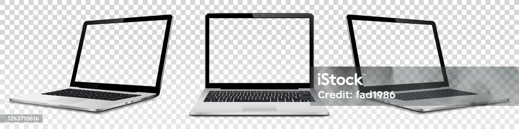 Laptop mock up with transparent screen isolated Set of vector laptops with transparent screen isolated on transparent background. Perspective and front view with blank screen. Laptop stock vector