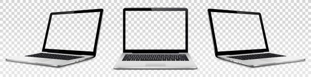 Laptop mock up with transparent screen isolated Set of vector laptops with transparent screen isolated on transparent background. Perspective and front view with blank screen. empty stock illustrations