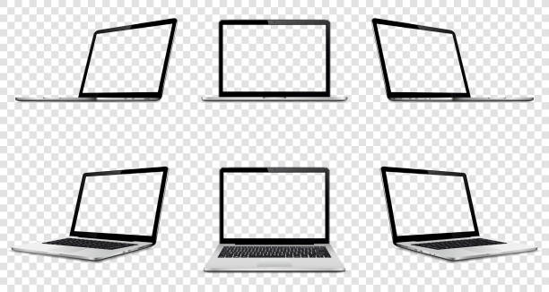 Laptop with transparent screen on transparent background. Perspective, top and front laptop view with transparent screen. vector art illustration