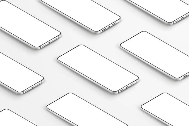 istock Realistic smartphones mockup. 3d mobile phones with blank white screens. Modern cell phones template on white background. Illustration of device 3d screen 1243723192
