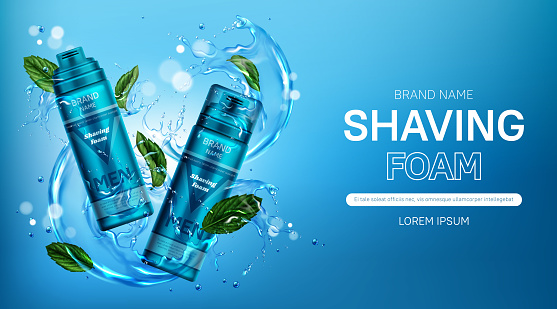 Shaving foam men cosmetics bottles ad banner with mint, water splashes, and droplets on blue background. Body care cosmetic product close and open tubes. Realistic 3d vector advertising promo poster