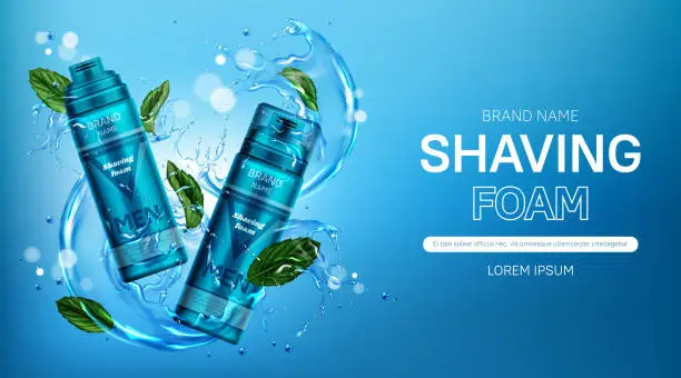 Vector illustration of Shaving foam men cosmetic bottles banner with mint