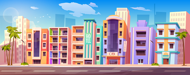 Street in Miami with buildings, hotels, road and palm trees. Vector cartoon tropical landscape with buildings in resort city. Summer cityscape with vintage motel, restaurant and modern skyscrapers