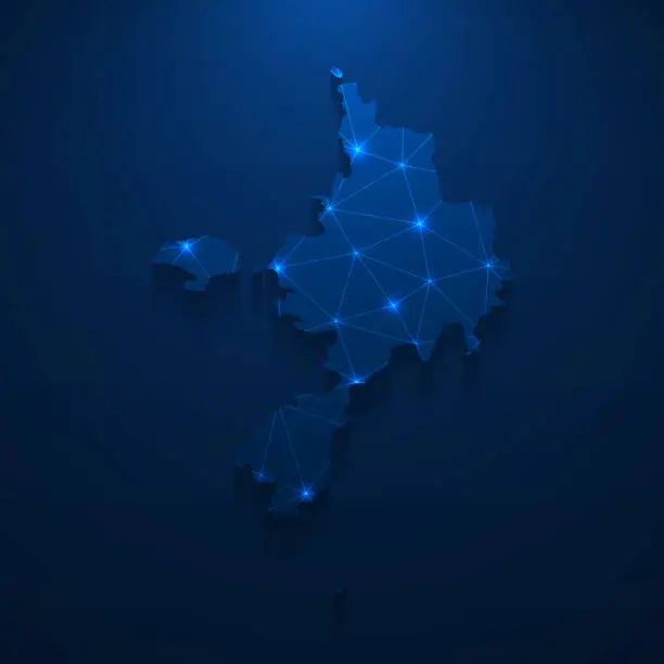Vector illustration of Sark map network - Bright mesh on dark blue background
