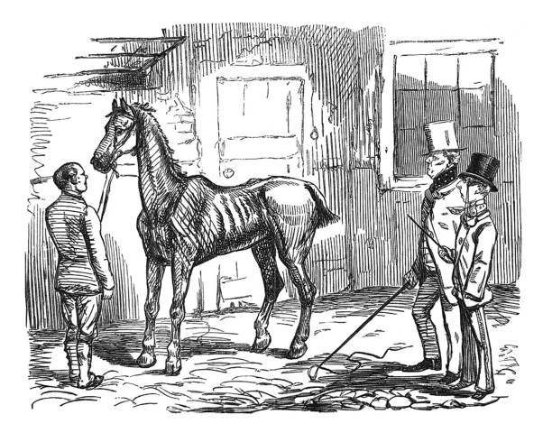 istock British satire comic cartoon caricatures illustrations - men in top hats looking at a very skinny horse 1243749364