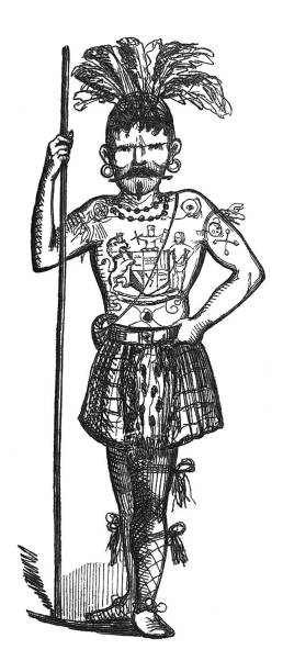 istock British satire comic cartoon caricatures illustrations - Indian man holding spear wearing a kilt and who has tattoos of Britain 1243749417