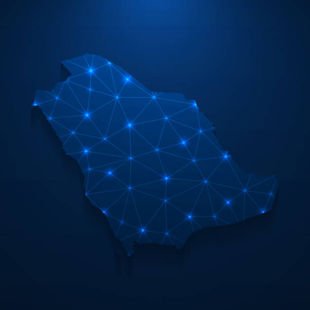 сеть карт саудовской аравии - яркая сетка на темно-синем фоне - saudi arabia stock illustrations