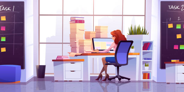 Woman work at office sitting at desk with computer Woman working at office sitting at desk with computer and piles of paper documents front of wide floor-to-ceiling window with cityview. Workplace interior with task boards, Cartoon vector illustration wastebasket cartoon stock illustrations