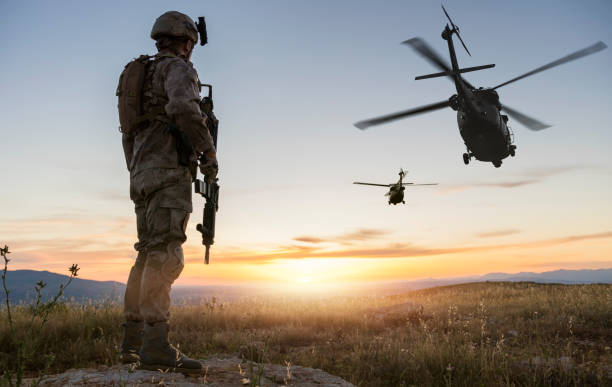 Military Mission at sunrise stock photo