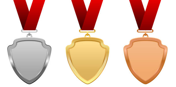 ilustrações de stock, clip art, desenhos animados e ícones de shield award medals with red ribbons. - shield bronze gold silver