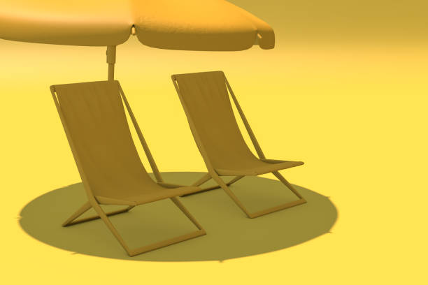 3D rendering of summer concept. Yellow chaise lounges and umbrella on yellow background, Sunlight, travel. No vacation this summer. Border closure, travel restrictions. Copy space.