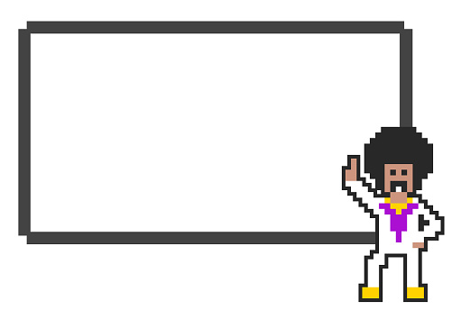 Vector illustration of Pixel retro disco dancer character with signboard.Pixel people character series.