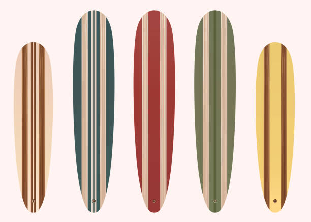 Colorful wooden long surf board collection. Vector illustration of Colorful wooden long surf board collection. longboarding stock illustrations