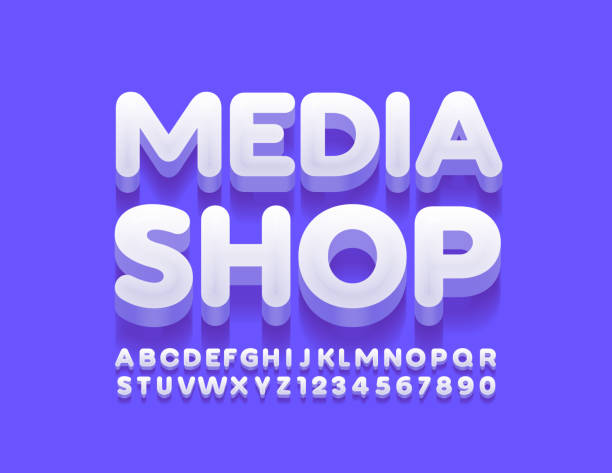 vector creative logo media shop mit alphabet buchstaben und zahlen - typografie stock-grafiken, -clipart, -cartoons und -symbole