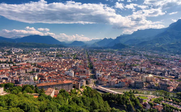 beautiful view of grenoble city and french alps in summer from the bastille fortress. france - france european alps landscape meadow imagens e fotografias de stock