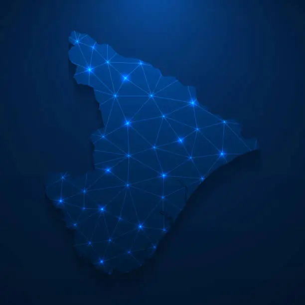 Vector illustration of Sergipe map network - Bright mesh on dark blue background