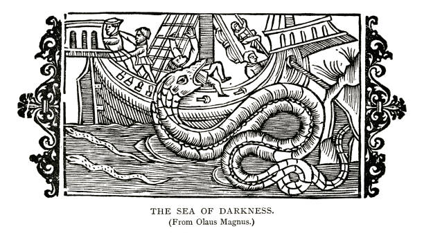 woodcut of The Sea of Darkness by Olaus Magnus Reproduction woodcut engraving of The Sea of Darkness by Olaus Magnus from early 1500s. sea monster stock illustrations