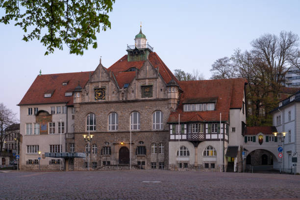 Panoramic image of the townhall of Bergisch Gladbach at sunrise, Germany