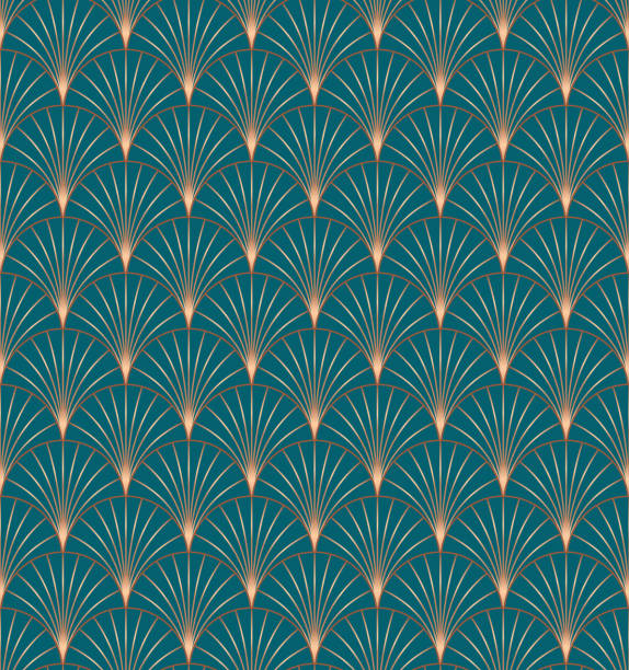 Vintage style elegant Art Deco Seamless Fan Pattern in copper metallic gradient on dark turquoise background. Retro style texture vector pattern. Vintage style elegant Art Deco Seamless Fan Pattern in copper metallic gradient on dark turquoise background. Retro style texture vector pattern. wallpapers background stock illustrations