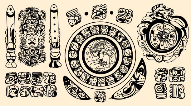 ilustraciones, imágenes clip art, dibujos animados e iconos de stock de conjunto de intrincados diseños de tatuajes mayas negros - dibujos de aztecas