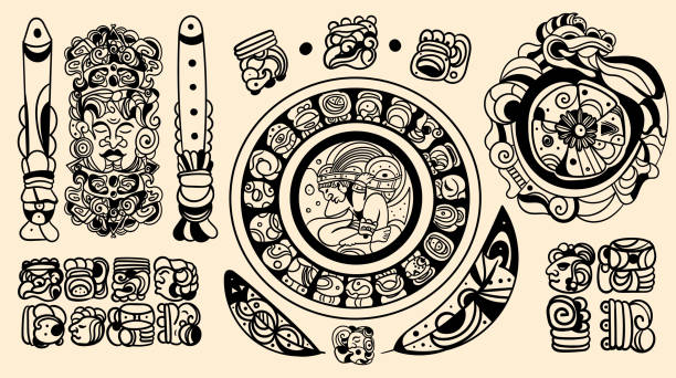 zestaw skomplikowanych czarnych wzorów tatuażu majów - indian symbol stock illustrations