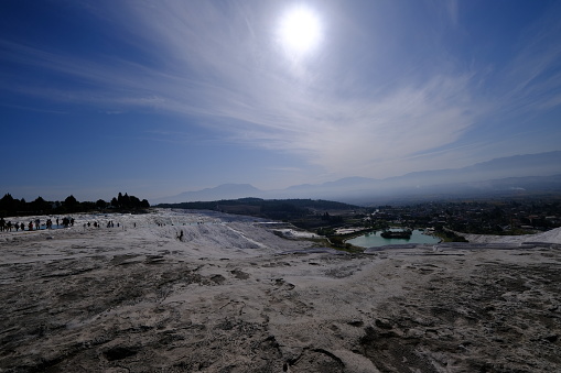 Travertine terraces made from the hot springs at Pamukkale National Park, leaving deposits of calcium. Pamukkale means cotton castle in Turkish and is in the province of Denizli in southwestern Turkey.